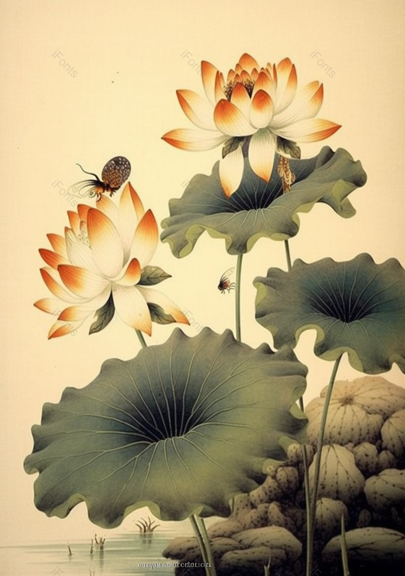 绿色复古古典池塘荷叶荷花胡蝶插画,插画/手绘图,插画/手绘图库,插画/手绘图下载,插画/手绘